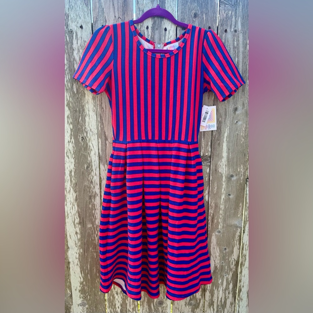 NWT • LULAROE • AMELIA DRESS • HOT PINK • NAVY • STRIPE • SIZE SMALL